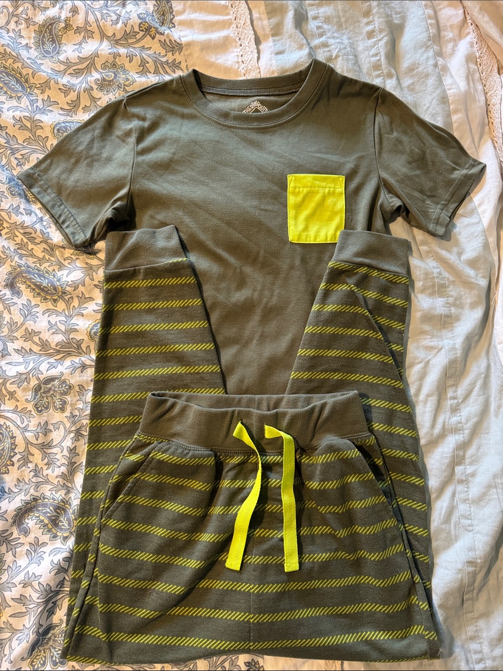 Kids Olive Green and Neon Yellow Stripe Pajama Set
